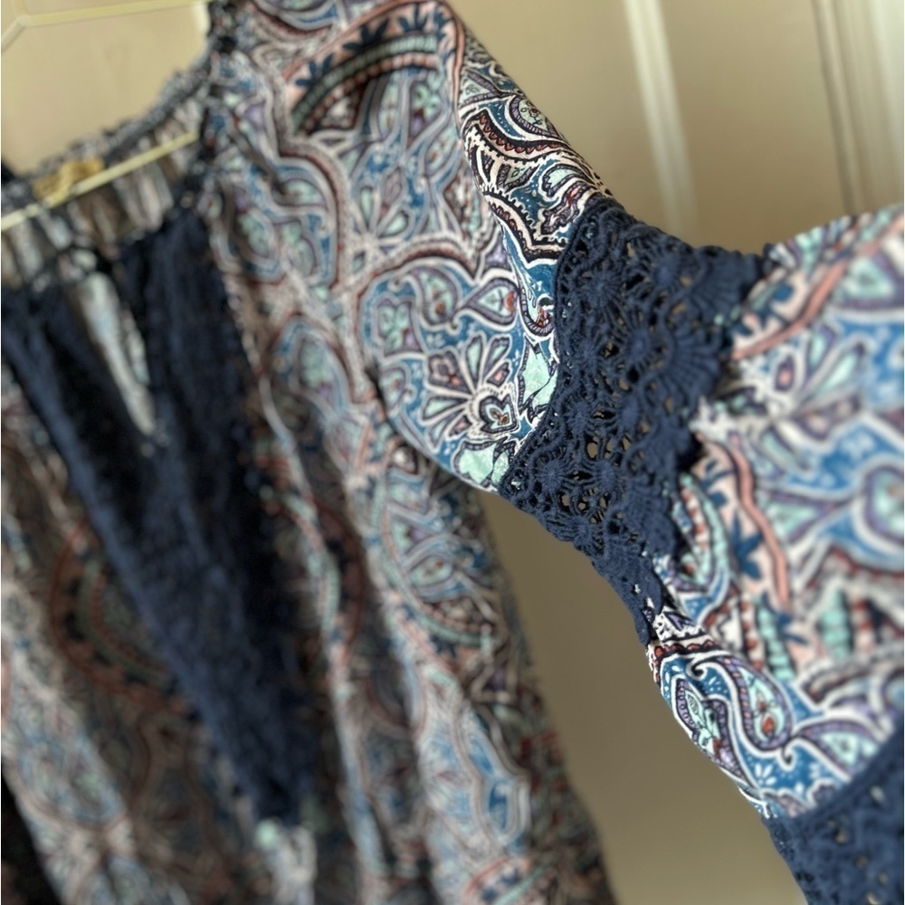 Democracy Bohemian Blue Size Small Top Bell 3/4 Length Sleeve Paisley Lace - Picture 6 of 10